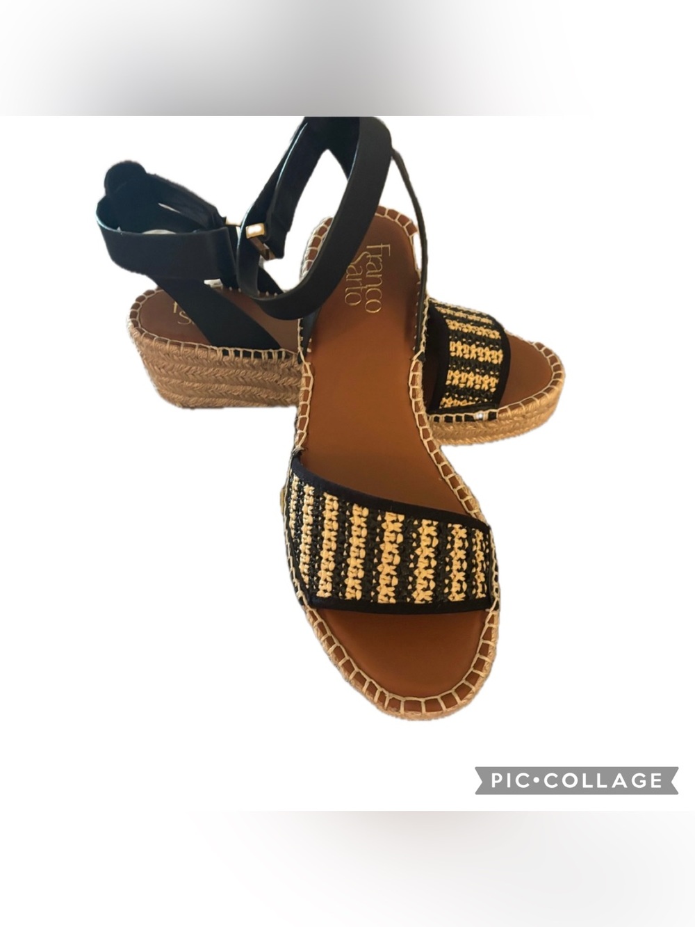 Franco Sarto Black and Natural Braided Espadrille Wedge Sandals